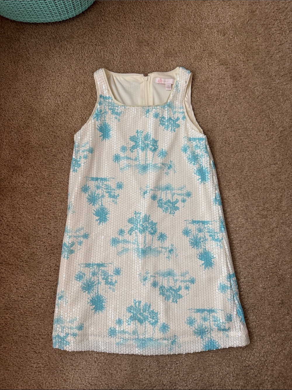 GB girls White Sequin Dress with Aqua Floral Accents
